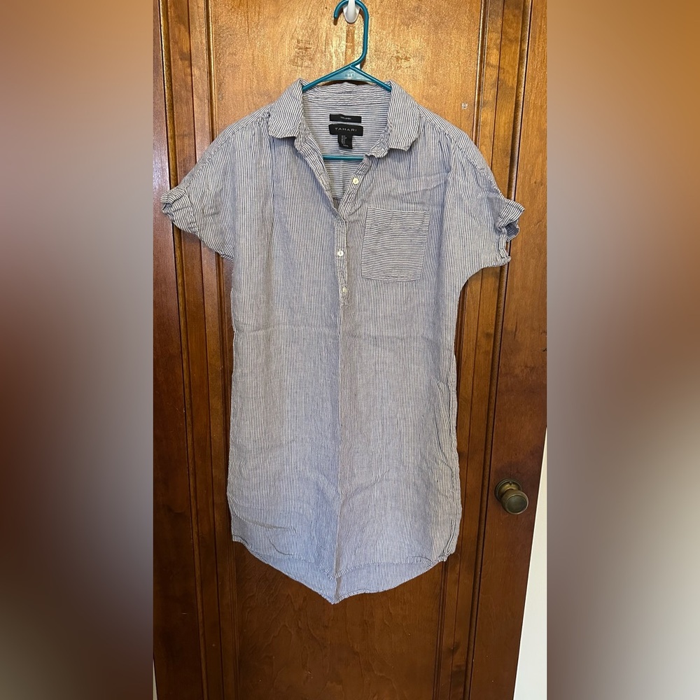 Tahari Blue and White Striped Linen Shirt